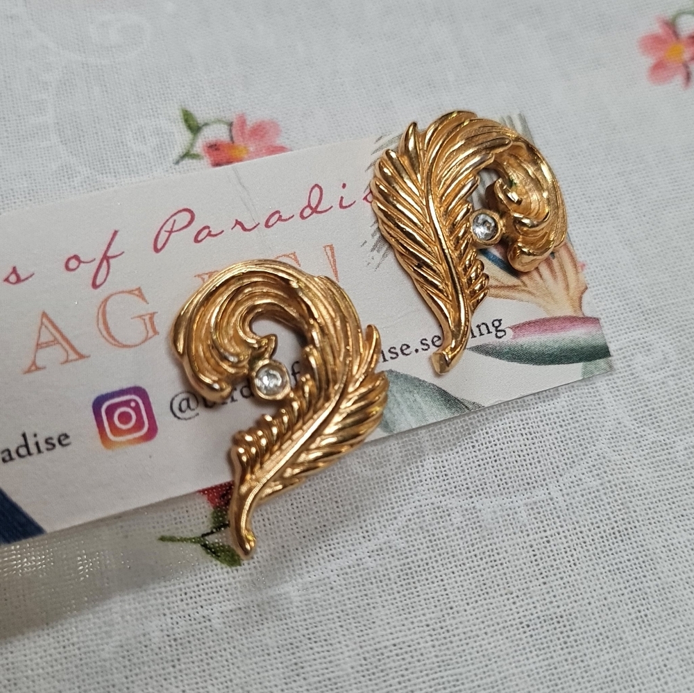 Vintage Gold Ostrich Feather Rhinestone Earrings